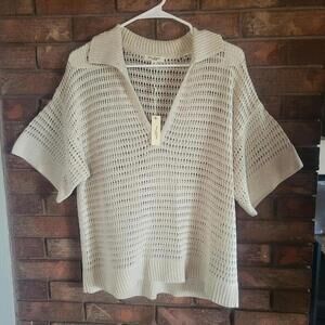 Max Studio London Cream Crocheted Short Sleeve NWT V-Neck Sweater - Size M